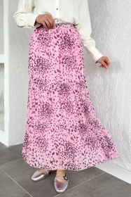 Resim Bel Lastikli Desenli Şifon Tesettür Etek Pembe TZL-P-00020609 