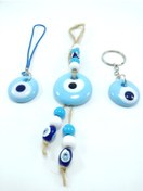 Resim Ennea Art Mavi Nazar Boncuğu Duvar Dekoru + Anahtarlık + Araba Dikiz Ayna Süsü Üçlü Hediye Seti 