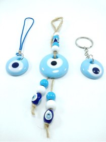 Resim Ennea Art Mavi Nazar Boncuğu Duvar Dekoru + Anahtarlık + Araba Dikiz Ayna Süsü Üçlü Hediye Seti 