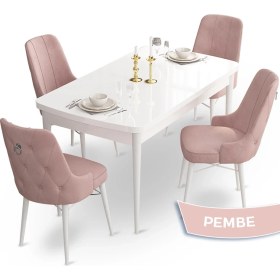 Resim Canisa Concept Taç Serisi 80 x 132 cm Açılabilir Beyaz Mutfak Masa Takımı 4 Sandalye Gümüş Halkalı 