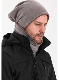 Resim Erkek Polar Dış Kaşkorse Pamuklu İç Kısım Çift Renk Çift Katman Katlanabilir Bere Boyunluk Takım - Standart / Gri-kahverengi Gri-kahverengi 