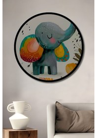 Resim Renkli Fil Sanat Baskısı Ahşap Tablo Yuvarlak Duvar Tablosu Çerçeve Görünümlü--.53--- 45 X 45 