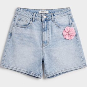Resim Kadın Mavi 4s6-3 Mom Relax Gül ve Nakış Detaylı Özel Tasarım Denim Şort - Mavi / 40 