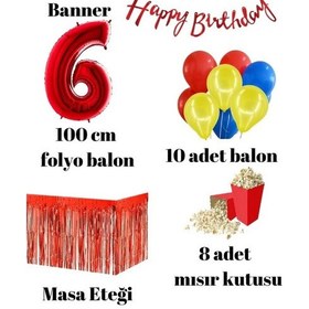 Resim 6 Yaş Kırmızı Balon Rakam Folyo Banner Mısır Kutusu Masa Eteği 