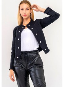Resim Bold & Young Kadın Yağ Yeşili Power Strech Çıt Çıtlı Slim Fit Denim Ceket Siyah 