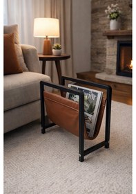 Resim Linia Modern Metal Dergilik - Deri Detaylı Dekoratif Gazetelik Ve Kitaplık 