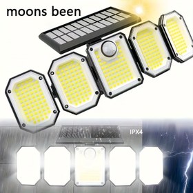 Resim MOONS BEEN 300 LED 5 Başlıklı Güneş Enerjili Hareket Sensörlü LED Güvenlik Lambası, Bahçe Yolu 360° Dalgı Açı Duvar Lambası, Garaj, Bahçe, Çim, Yürüyüş Yolu, Bahçe Çit Süslemesi için 