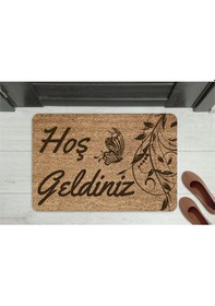 Resim Hoşgeldiniz Ahşap Turuncu Çicek Dekoratif Çok Amaçlı Iç Ve Dış Kapı Önü Paspası Gri 