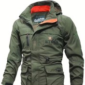 Resim Erkek Lacivert Açık Hava Rüzgarlık Ceket "ROUGH STUFF" Baskılı - Ayarlanabilir Kapüşon, Fermuarlı Cepler, Polyester Astar, Açık Hava Aktiviteleri için Rahat Spor Ceket, Açık Hava Giyim | Ayarlanabilir Kapüşonlu Ceket | Polyester Ceket 