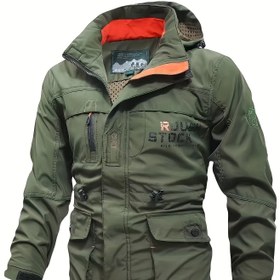 Resim Erkek Lacivert Açık Hava Rüzgarlık Ceket "ROUGH STUFF" Baskılı - Ayarlanabilir Kapüşon, Fermuarlı Cepler, Polyester Astar, Açık Hava Aktiviteleri için Rahat Spor Ceket, Açık Hava Giyim | Ayarlanabilir Kapüşonlu Ceket | Polyester Ceket 