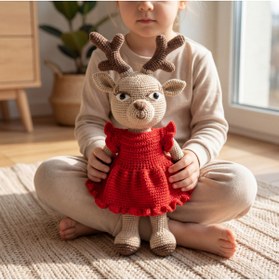 Resim Prime Sleeks El Örgüsü Amigurumi Ren Geyiği 40 cm Pamuklu Kırmızı Elbiseli Uyku Arkadaşı Oyuncak 