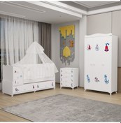 Resim Melina Yıldız 3 Kapaklı Bebek Odası + Yatak + Uyku Seti - Denizci Beyaz 