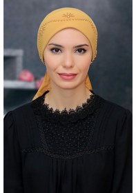 Resim Hürrem Bone Gold Pratik Hazır Geçmeli Tesettür Bone Sandy Kumaş Güllü Boncukl Altın 