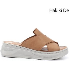 Resim Gönderi R Taba Çapraz Bantlı Dolgu Topuk Hakiki Deri Comfort Terlik Taba 