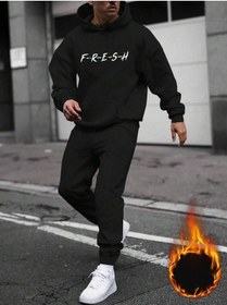 Resim Fresh Eşofman Takımı Sweatshirt Jogger - Siyah Baskılı Şardonlu Kapüşonlu Siyah 