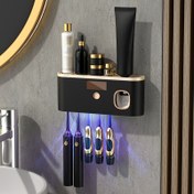 Resim 1 adet Akıllı Diş Fırçası Dezenfektan Otomatik Diş Macunu Dağıtıcısı ile - Duvara Monte, 5 Yuvalı Depolama, Dayanıklı Plastik, USB Şarj Edilebilir Lityum Pil, Modern Banyo Düzenleyici ve Ev Dekoru, Diş Fırçası Tutucu | Şık Diş Fırçası Tutucu | Modern Dezenfektan Depolama 