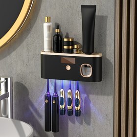 Resim 1 adet Akıllı Diş Fırçası Dezenfektan Otomatik Diş Macunu Dağıtıcısı ile - Duvara Monte, 5 Yuvalı Depolama, Dayanıklı Plastik, USB Şarj Edilebilir Lityum Pil, Modern Banyo Düzenleyici ve Ev Dekoru, Diş Fırçası Tutucu | Şık Diş Fırçası Tutucu | Modern Dezenfektan Depolama 
