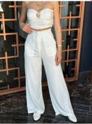 Resim The İstanbul Kadın Yüksek Bel Geniş Paça Detaylı Cepli Ithal Krep Pantolon Beyaz 