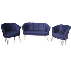 Resim Garden House Lacivert Kumaş Gümüş Krom Metal Ayaklı Çay Seti Koltuk Takımı Ofis Koltuk Takımı Berjer Lacivert 