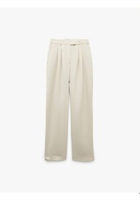 Resim Koton Modal Cupro Kumaş Pile Detaylı Cepli Yüksek Bel Geniş Paça Kumaş Pantolon Taş 5sak40067pw Taş 