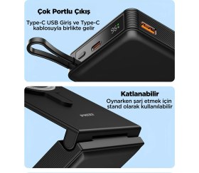 Resim Phixi Ultimate PW15 10000mAh 22.5W Kendinden Kablolu MagSafe Powerbank + Watch + Stand - Kablosuz Şarj Cihazı - 1 PD 1 USB Port - Dijital Ekran - Taşınabilir Şarj Cihazı 