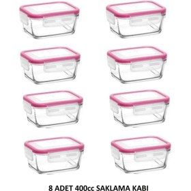 Resim Feyzade Fresco Kahvaltılık Saklama Kabı Seti 8 Adet 400CC Pembe Kapaklı Dikdörtgen (FRS-237) 