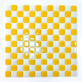 Resim MozaiKristaL Mutfak Tezgah Arası, Havuz, Banyo, Sauna, Spa, İç ve Dış Ortamlarda Tüm Yüzeyler İçin Beyaz-Sarı Damalı . 31,5X31,5 cm. Fileli Cam Mozaik. ( 1 M2 Fiyatıdır ) 