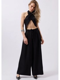 Resim Düşük Bel Oversize Keten Pantolon Siyah 