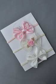 Resim El Yapımı 3'lü Pembe - Krem Kız Bebek-çocuk Iz Yapmaz Kurdele Kruvaze Fiyonk Saç Bandı/bandanası 