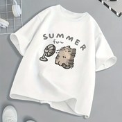 Resim Kızlar için Sevimli Karikatür Kedi & Fan Baskılı Bisiklet Yaka Tişört - Yumuşak Polyester, Makinede Yıkanabilir, Kısa Kollu Günlük Yazlık Üst, Koşu ve Günlük Kıyafet için 