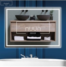 Resim Nuun Dekor 80x60cm Beyaz Ledli Dekoratif Banyo Aynası Kumlamalı Duvar Aynası Trafolu Beyaz 