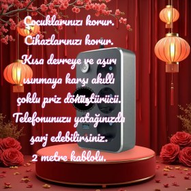 Resim Full Reyon 2 Metre Kablolu, Akım, Çocuk, Cihaz Korumalı, 2 USB - A, 1 Type-C, 3 Prizli Akıllı Priz Çoklayıcı 