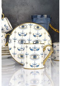 Resim Altın Yaldızlı Nazar Göz Desenli 6 Kişilik Porselen Fincan Takımı 12 Parça Şık Sunum Seti Evil Eye Desenli 