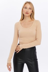 Resim LAENT Kadın Camel Bisiklet Yaka Fitilli Örme Crop Bluz 
