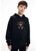 Resim Medusa Baskılı Unisex Çocuk Kapüşonlu Siyah Sweatshirt 