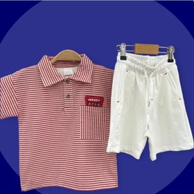 Resim Lolliboomkids Yeni Sezon Kımızı Çizgili Polo Yaka Tshirt Ekru Bermuda Şort Takım 2'li Set Beyaz - Kırmızı 