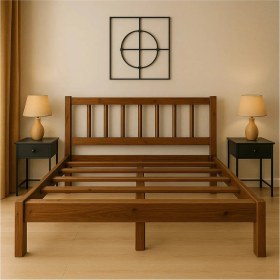 Resim Pinoxi 120CM x 190CM Masif Ahşap Yuvarlak Çıtalı Başlıklı Karyola Ceviz Rengi 