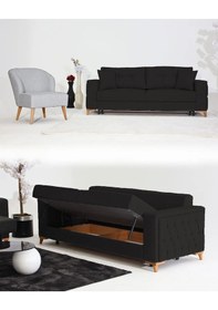 Resim Nola Koltuk Takımı 3+1 & Bazalı Yataklı Koltuk & Kanepe - Keten Gri-siyah 