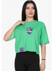 Resim Çiçek Baskılı Crop Model Tshirt Yeşil-yeşil Yeşil 
