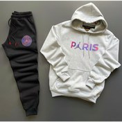 Resim NewCabin Yeni Sezon Unisex Paris Baskılı Gri Pamuklu Hoodie- Pamuklu Siyah Eşofman Altı Takım 2'li 