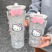 Resim Sanrio Hello Kitty Büyük Kapasiteli Su Şişesi Pipetli - Dayanıklı, Sızdırmaz, Dış Mekan Sporları & Fitness için Taşınabilir, Pembe Kurdele Tasarımlı Şeffaf 