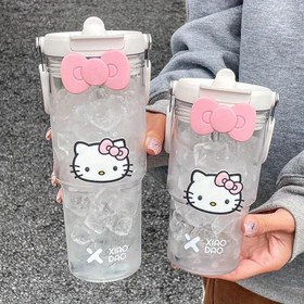 Resim Sanrio Hello Kitty Büyük Kapasiteli Su Şişesi Pipetli - Dayanıklı, Sızdırmaz, Dış Mekan Sporları & Fitness için Taşınabilir, Pembe Kurdele Tasarımlı Şeffaf 
