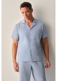 Resim Suwen Walker Erkek Pamuklu Gömlek Yaka Erkek Pijama Takımı Sh26711660b1075 Mavi Çizgili 