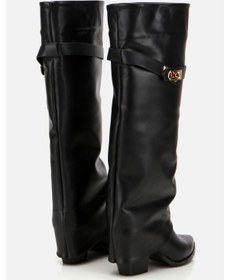 Resim Kadın Siyah Tokalı Diz Altı Kalın Topuklu Çizme Siyah 