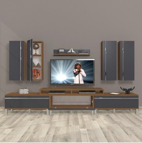 Resim Decoraktiv Ekoflex 8d Mdf Krom Ayaklı Tv Ünitesi Tv Sehpası - Ceviz - Antrasit 