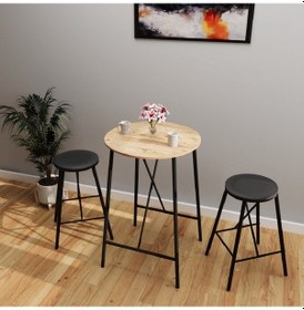 Resim Atlantik Çam Döşemeli Siyah Bar Taburesi Seti Masası Mutfak Ova 