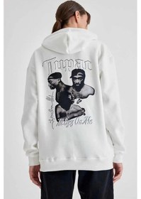 Resim Kadın Oversize Kapüşonlu Kanguru Cepli Baskılı 3 İplik Pamuklu Sweatshirt Hoodie - Beyaz 