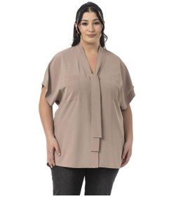 Resim Büyük Beden Yakada Bağlama Detaylı Düşük Yarım Kollu Vizon Bluz Vizon 