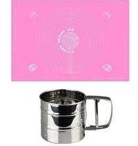 Resim Kitchen Design Lab Pembe Silikon Ölçülü Çok Amaçlı Hamur Açma Matı 45 CM X 65 CM Ve Çelik Un Eleği 