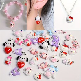 Resim 10 adet Sanrio Hello Kitty & Kuromi Reçine Süsler - DIY Takı Yapımı için Sevimli Karikatür Kawaii Kalp, Yıldız ve Çiçek Tasarımlı Pandantifler, Kolye, Küpe, Anahtarlık Aksesuarları (Çok Renkli), Parlak Bitiş 
